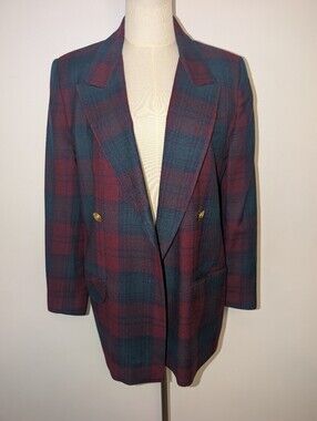 Vintage 100% Wool Plaid Double-Breasted Blazer - Burgundy & Forest Green